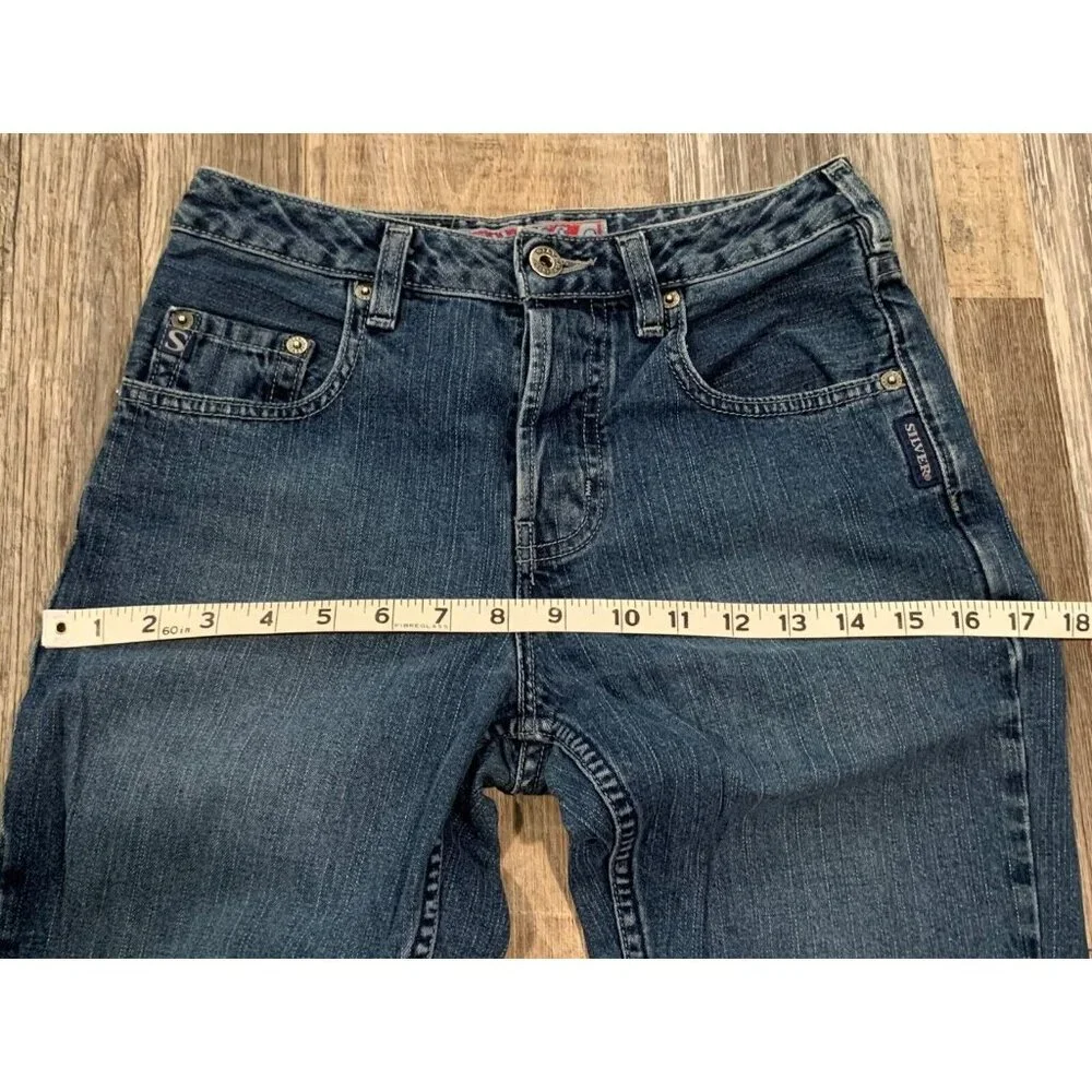 Silver Jeans Flare Pants Womens Size 25/31 Denim Button Fly Mid Rise Blue Cotton - Picture 11 of 15